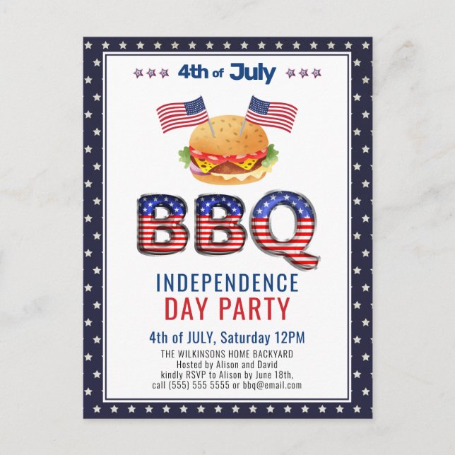 Red White Blue 4th of JULY BBQ Party Invitation Postcard (Front)