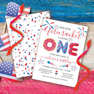 Red white & blue 4th of July First Birthday Doughn Invitation