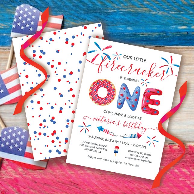 Red white & blue 4th of July First Birthday Doughn Invitation (Creator Uploaded)