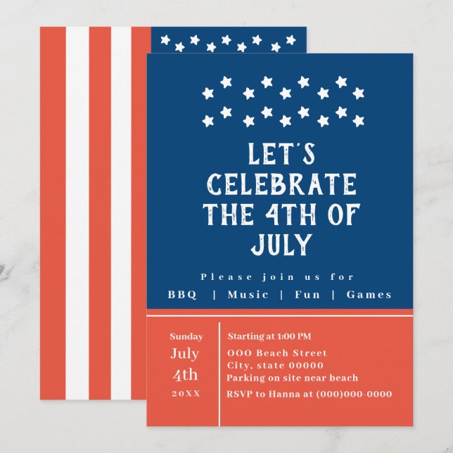 Red White Blue 4th of July Party Simple Classic Invitation (Front/Back)