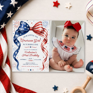 Red White & Blue All American Girl Birthday Photo Invitation