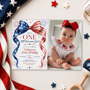 Red White & Blue All American Girl Birthday Photo Invitation