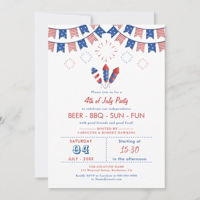 Red, White & Blue American Flag 4th of July Party Invitation (Front)