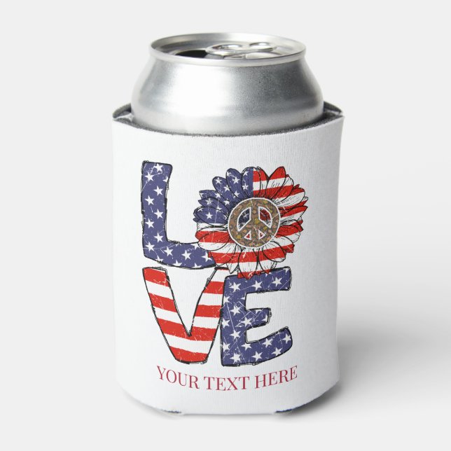 Red White Blue American Flag Love Peace Hippie Can Cooler (Can Front)
