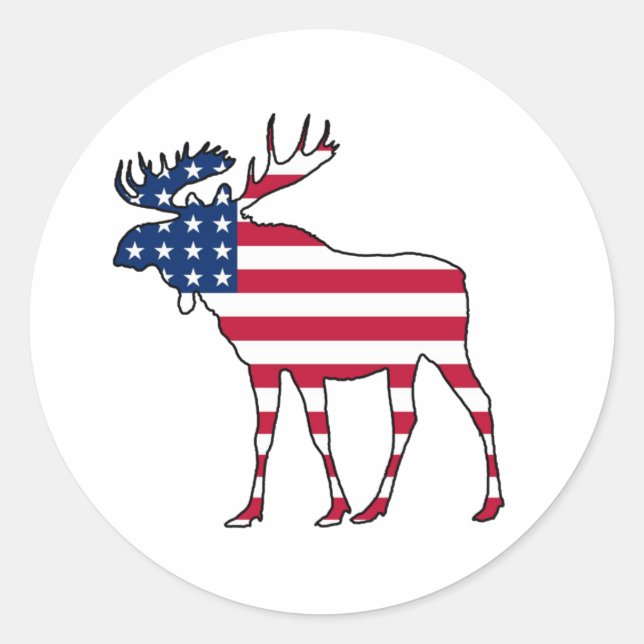 Red white blue American flag moose Classic Round Sticker (Front)