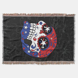 Red White Blue American Flag Patriotic Sugar Skull Throw Blanket