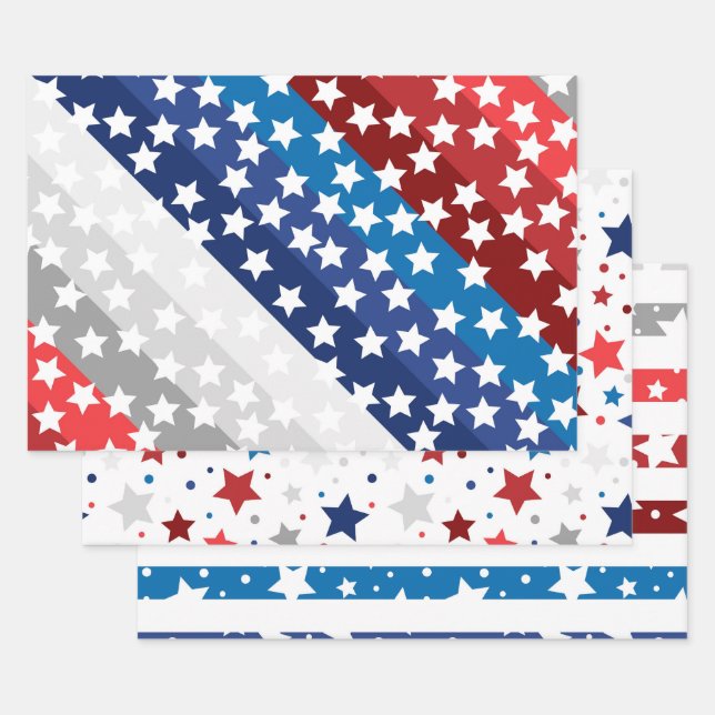 Red White Blue American USA 4th July Stars Stripes Wrapping Paper Sheet (Set)