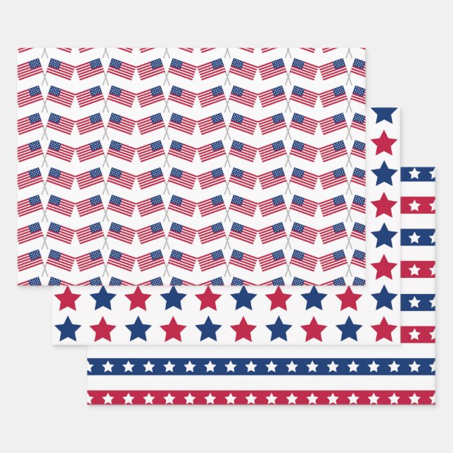 Red White Blue American USA Flags 4th July Stars Wrapping Paper Sheet (Set)