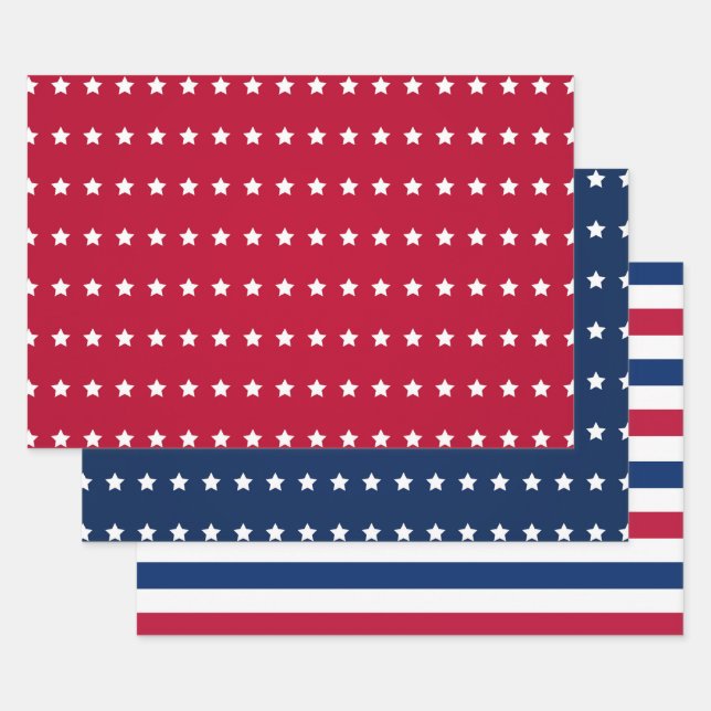 Red White Blue AmericanUSA 4th July Stars Stripes Wrapping Paper Sheet (Set)
