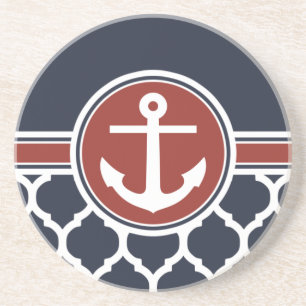 Red White Blue Anchor Moroccan Lattice Coaster