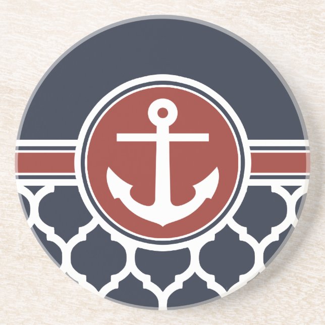 Red White Blue Anchor Moroccan Lattice Coaster (Front)