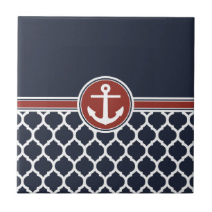 Red White Blue Anchor Moroccan Lattice Tile