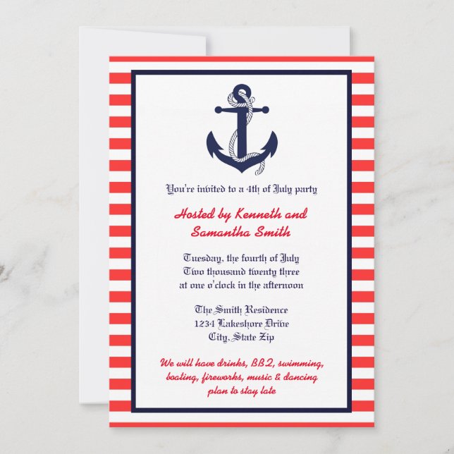 Red White & Blue Anchor - Party Invitation (Front)