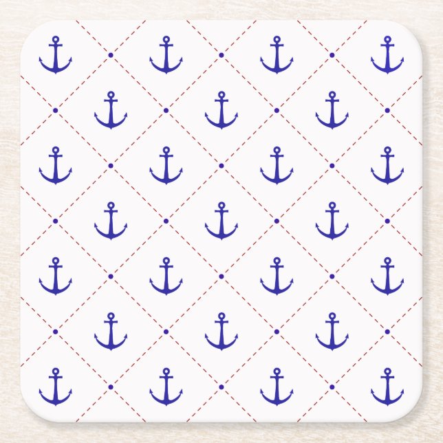  Red White Blue Anchors Away Boating Square Paper Coaster (Front)