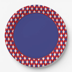 Red,White, Blue Argyle 1-PAPER PLATES, blue Paper Plate