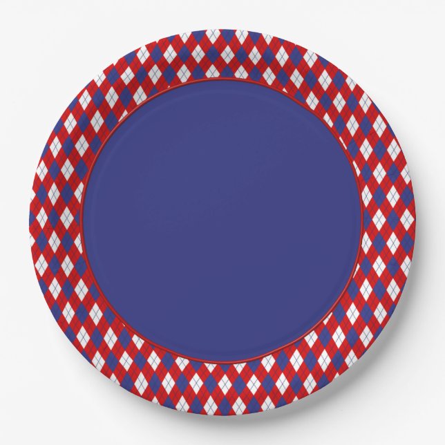 Red,White, Blue Argyle 1-PAPER PLATES, blue Paper Plate (Front)