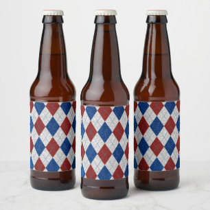 Red, White, Blue Argyle July 4 Glitter Beer Bottle Label