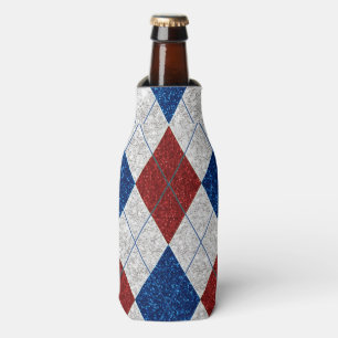 Red, White, Blue Argyle July 4 Glitter Bottle Cooler