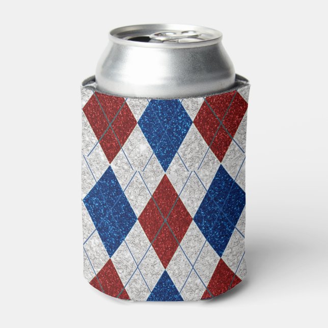 Red, White, Blue Argyle July 4 Glitter Can Cooler (Can Front)