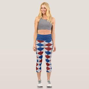 Red, White, Blue Argyle July 4 Glitter Capri Leggings