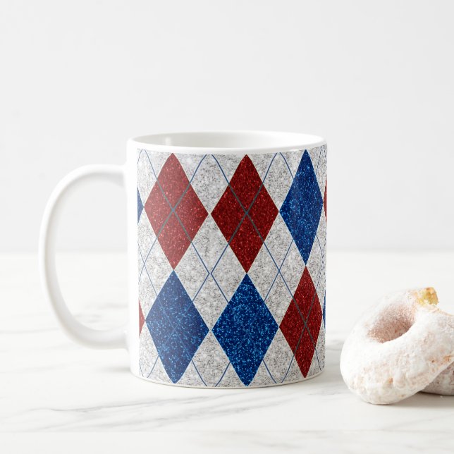 Red, White, Blue Argyle July 4 Glitter Coffee Mug (With Donut)