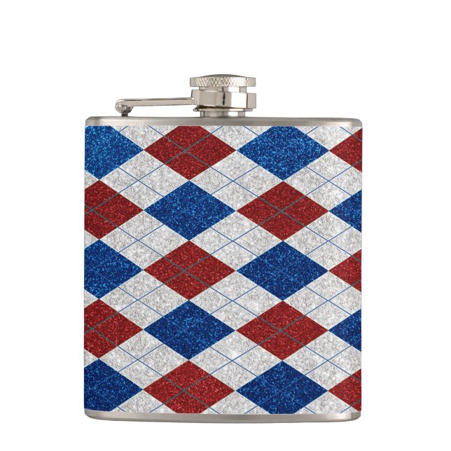 Red, White, Blue Argyle July 4 Glitter Hip Flask (Front)