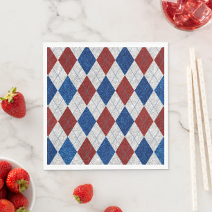 Red, White, Blue Argyle July 4 Glitter Napkin