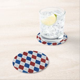 Red, White, Blue Argyle July 4 Glitter Round Paper Coaster