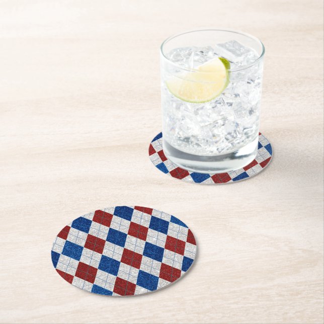 Red, White, Blue Argyle July 4 Glitter Round Paper Coaster (Insitu)
