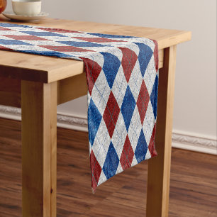 Red, White, Blue Argyle July 4 Glitter Short Table Runner