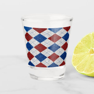 Red, White, Blue Argyle July 4 Glitter Shot Glass