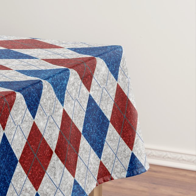 Red, White, Blue Argyle July 4 Glitter Tablecloth (In Situ)