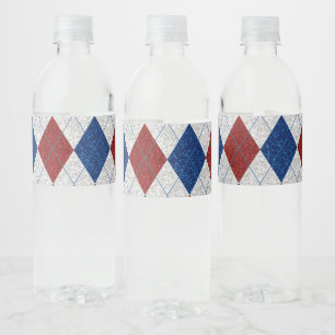 Red, White, Blue Argyle July 4 Glitter Water Bottle Label
