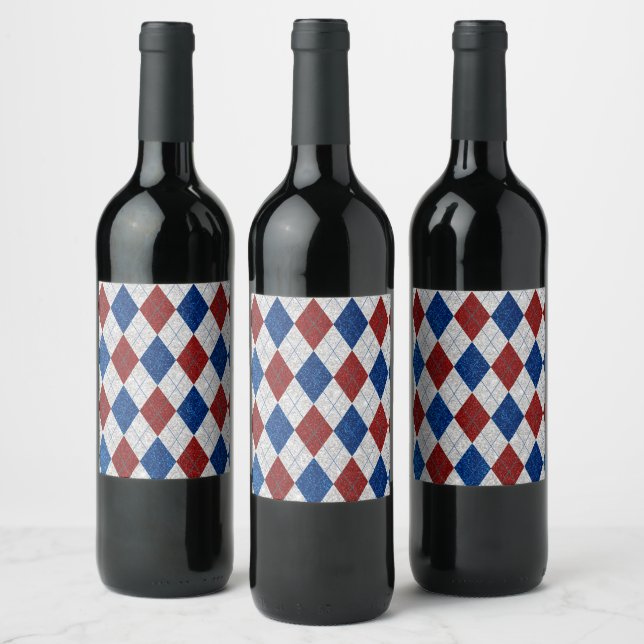 Red, White, Blue Argyle July 4 Glitter Wine Label (Bottles)