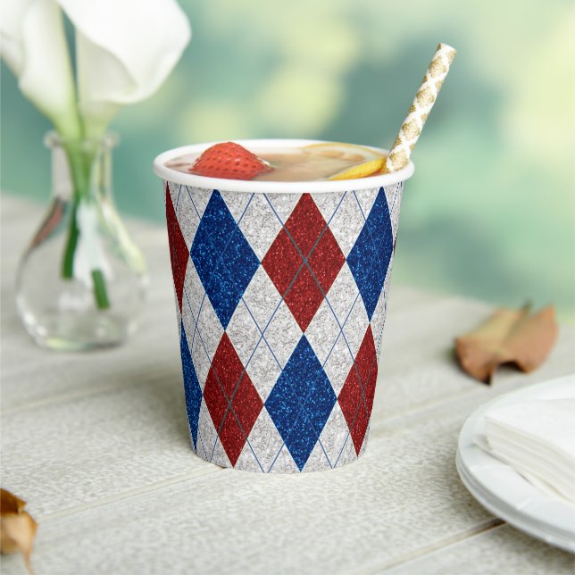 Red, White & Blue Argyle July 4th Glitter Paper Cups (Insitu)