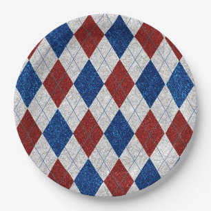 Red, White & Blue Argyle July 4th Glitter Paper Plate
