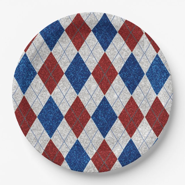 Red, White & Blue Argyle July 4th Glitter Paper Plate (Front)