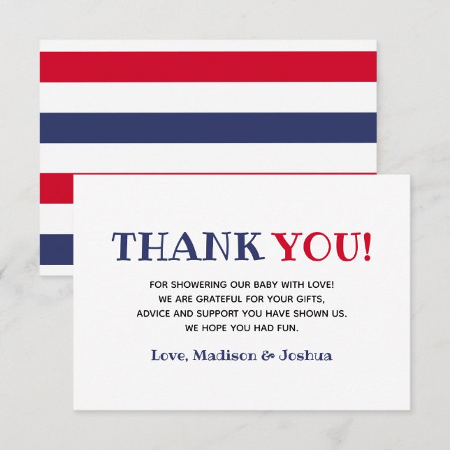 Red White Blue Baby Shower 4th Of July Theme Guest Thank You Card (Front/Back)