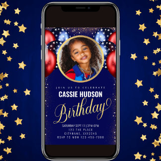 Red White Blue Balloons Kids Birthday Invitation
