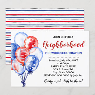 Red White & Blue Balloons Neighbourhood Party Invitation