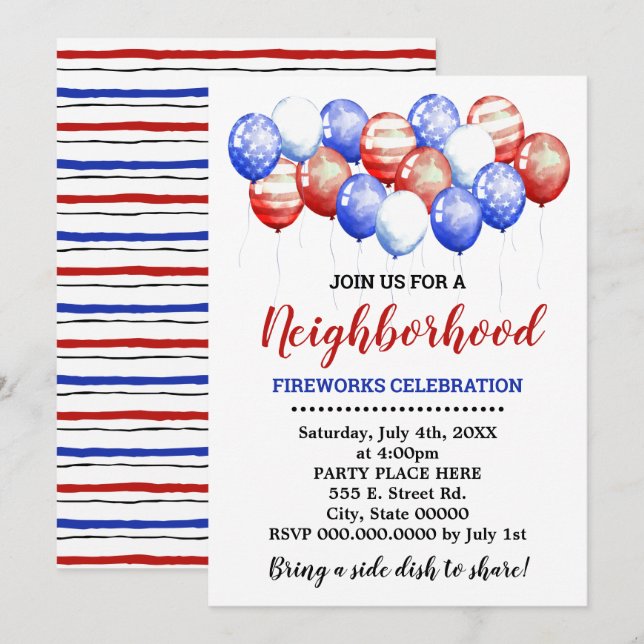 Red White & Blue Balloons Neighbourhood Party Invitation (Front/Back)
