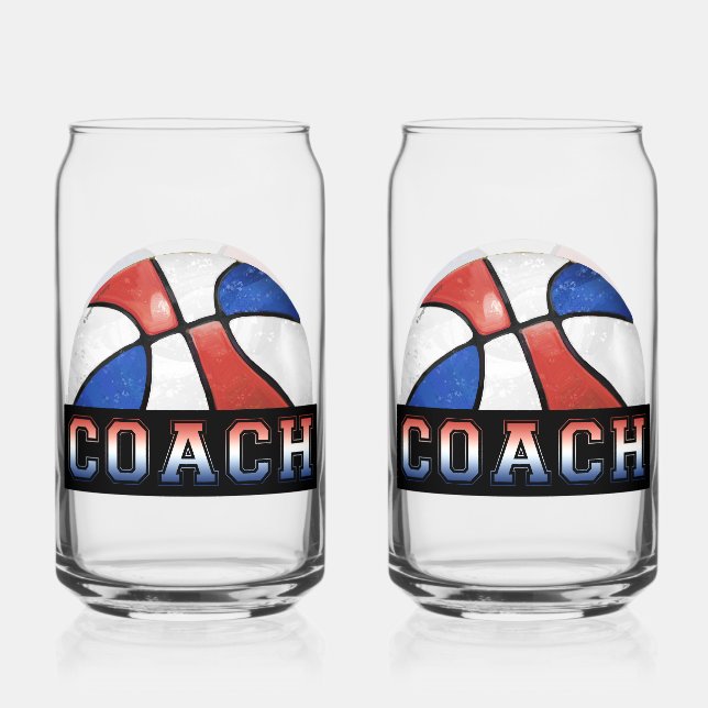 Red White Blue Basketball coach glassware Can Glass (Front)