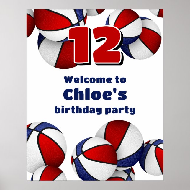 red white blue basketballs birthday party welcome poster (Front)