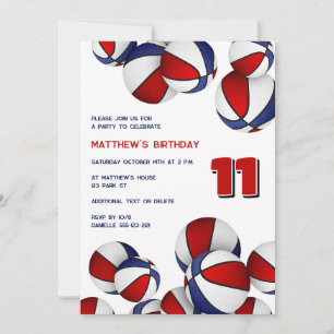 red white blue basketballs kids sports birthday invitation