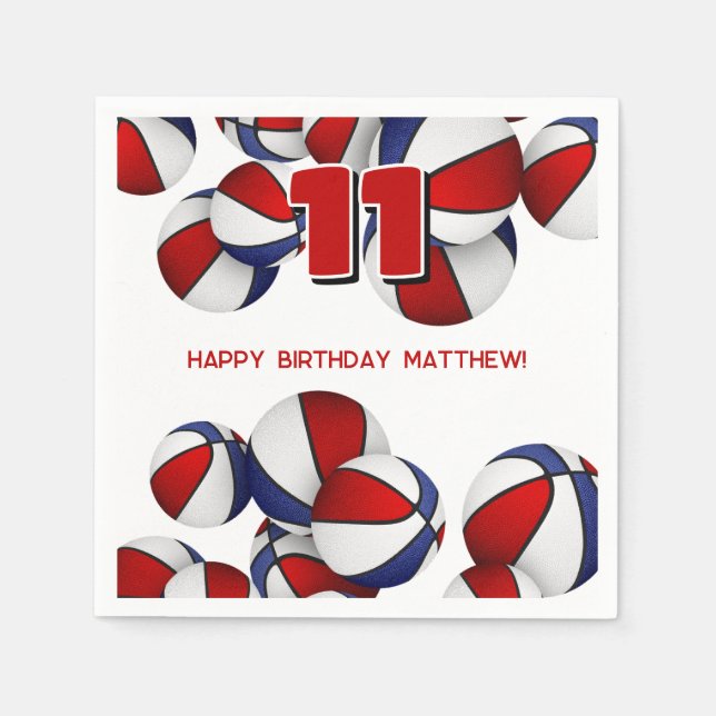 red white blue basketballs kids sports party napkin (Front)