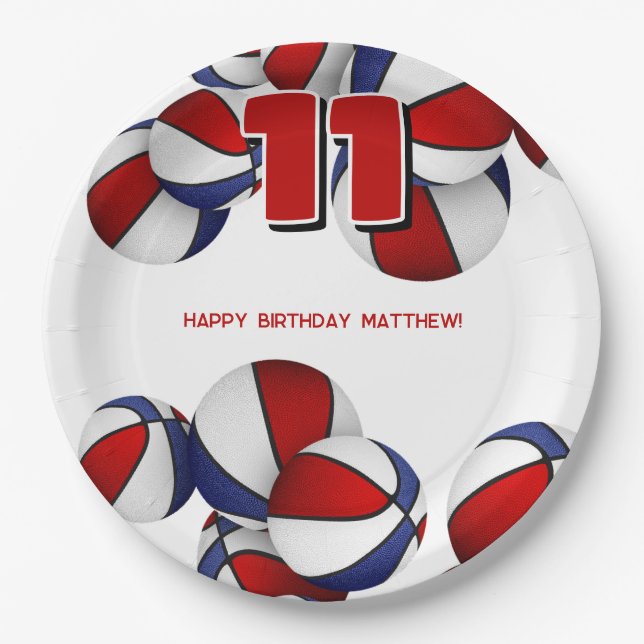 red white blue basketballs kids sports party paper plate (Front)