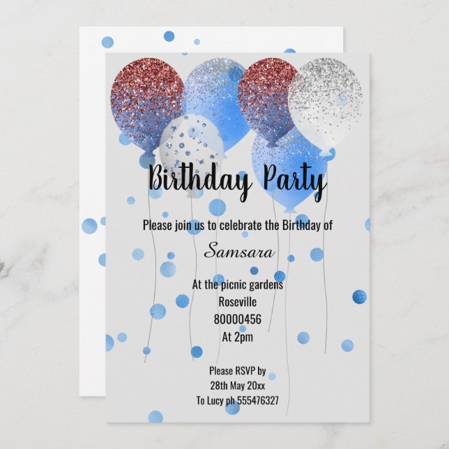 RED WHITE & BLUE BIRTHDAY BALLOON SPOT INVITATION (Front/Back)