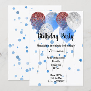 RED WHITE & BLUE BIRTHDAY BALLOON SPOTTED INVITATION