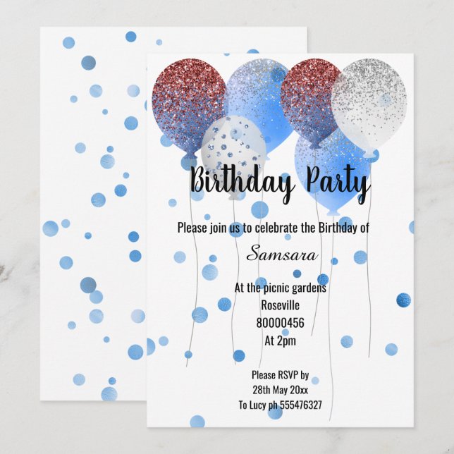 RED WHITE & BLUE BIRTHDAY BALLOON WHITE SPOT INVITATION (Front/Back)