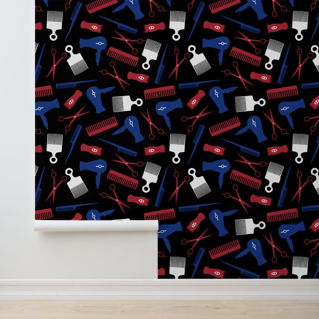 Red White Blue Black Hair Tool Hair Salon Pattern Wallpaper (Application)